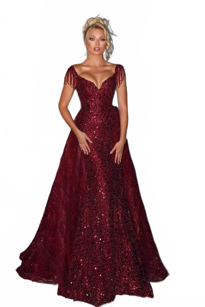 Portia and Scarlett PS22260 - Prom Gown with Beaded Fringe Sleeves for a Playful Touch