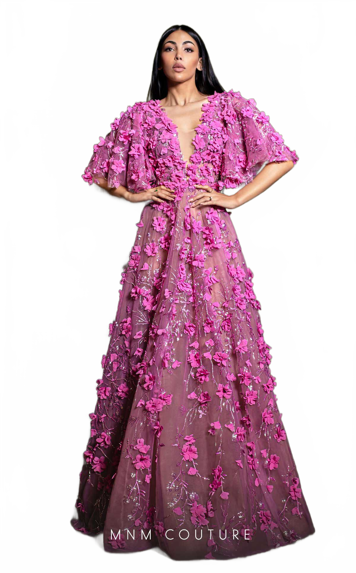 MNM Couture K4198 Fuchsia Floral Appliqué Gown