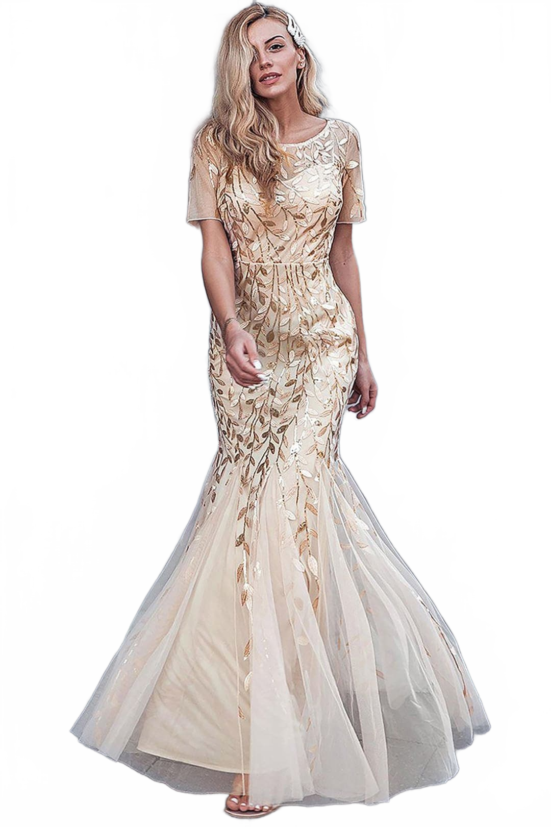 Embroidered Short Sleeve Mother of the Bride Gown & Plus Size Dress