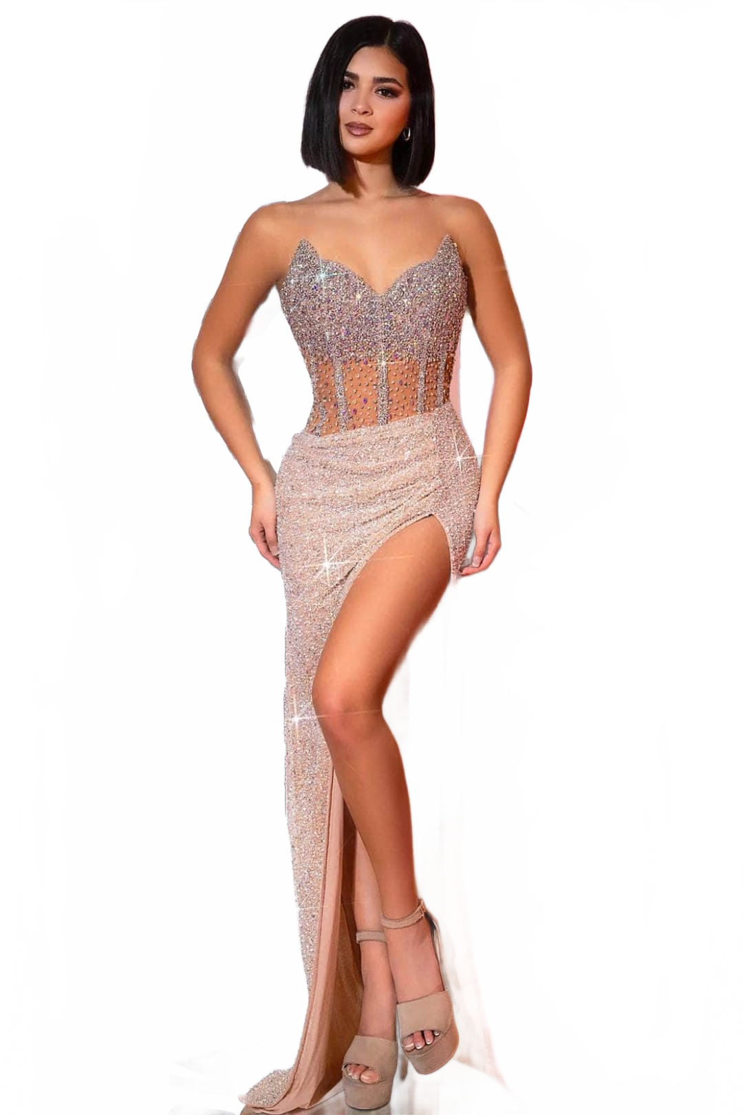 Portia and Scarlett PS25426C -long- Jeweled Evening Gown with Slit for a Dramatic Effect