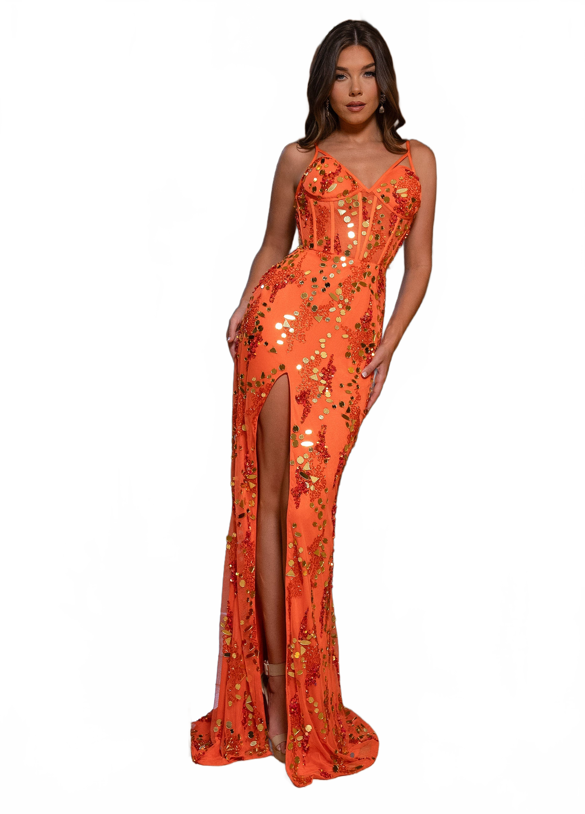 Rachel Allan 70866 Beaded Sheer Corset Slit Gown