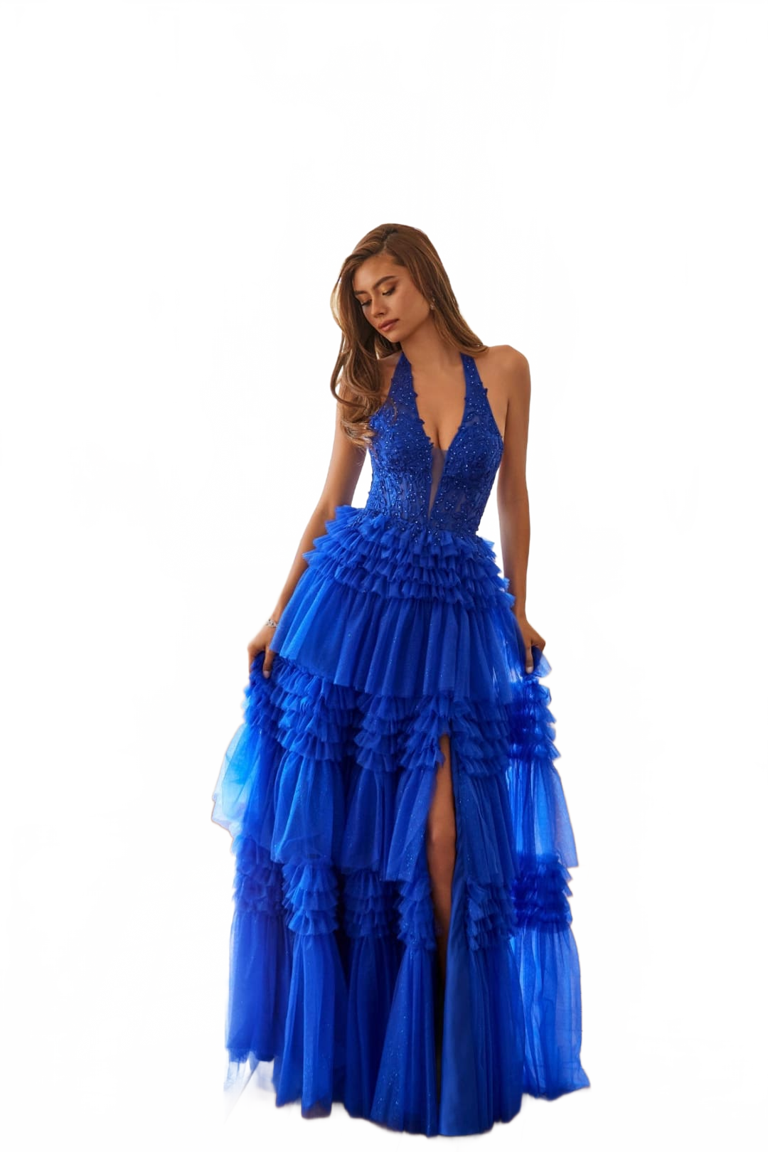 Halter Ruffled A-line Slit Gown by Juliet JT2556S