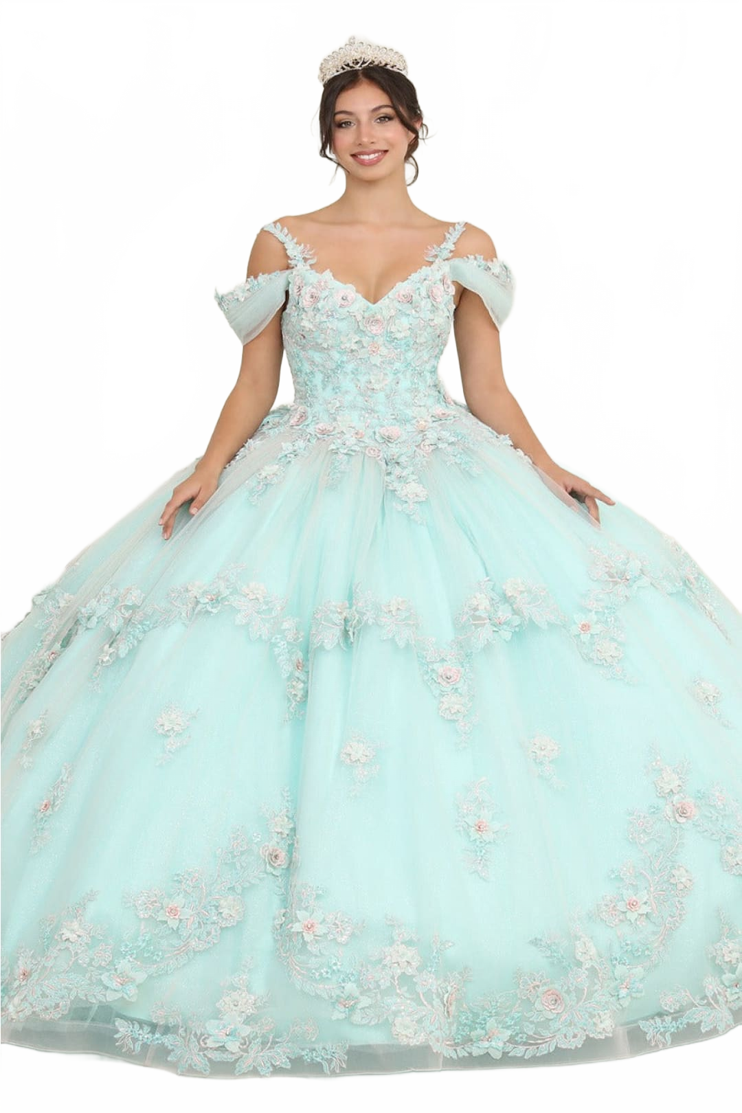 Layla K LK258 V-neck Mint Floral Masquerade Ball Gown