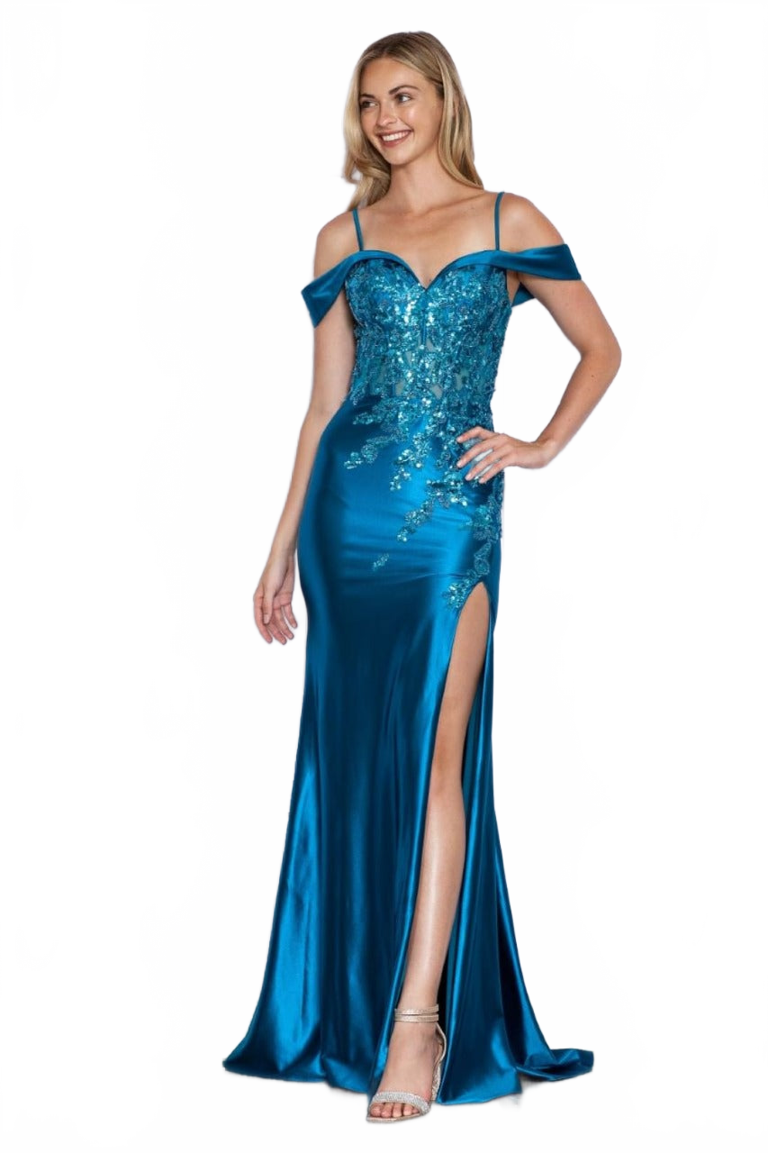 Poly USA 9350 Cold Shoulder Corset Bone Embroidered Prom Dress
