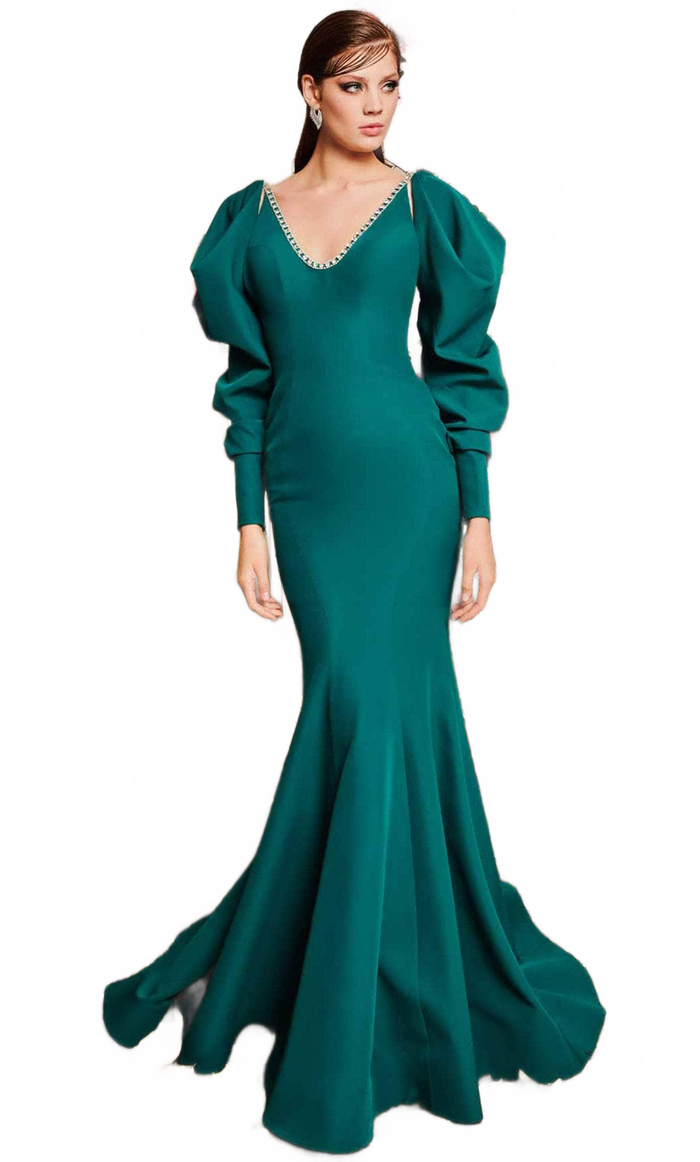 Emerald Green Puffy Sleeve Mermaid Gown by MNM Couture