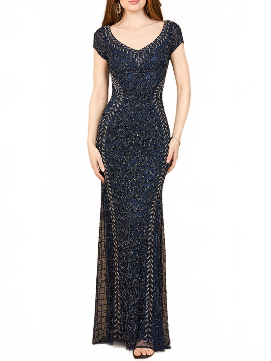 Beaded Mermaid Cap Sleeve Gown