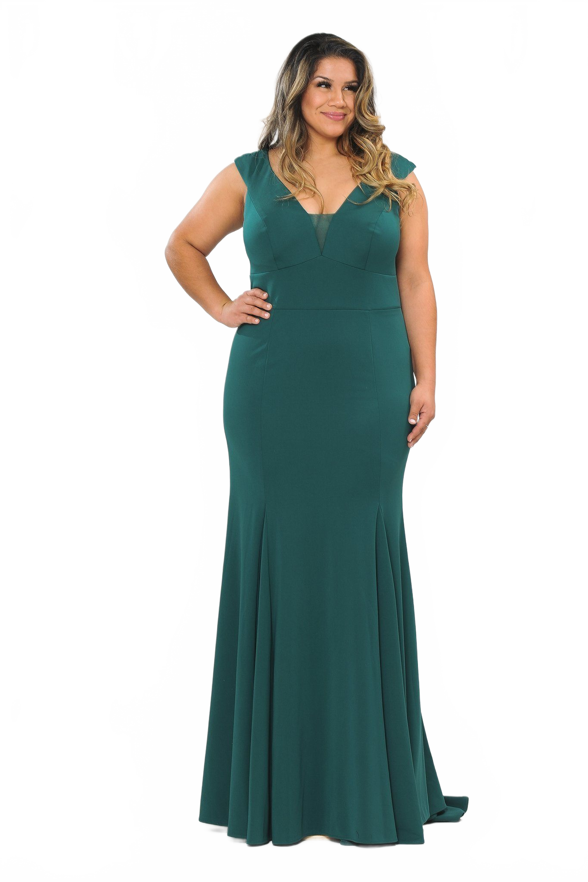 Poly USA W1022 Plus Size Long V-Neck Jersey Fitted Dress