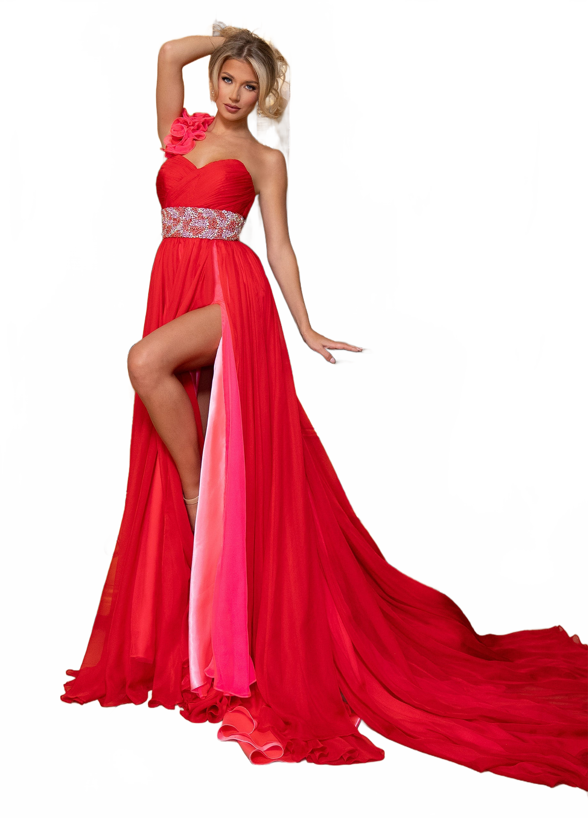 Rachel Allan 70827 One Shoulder A-line Slit Gown
