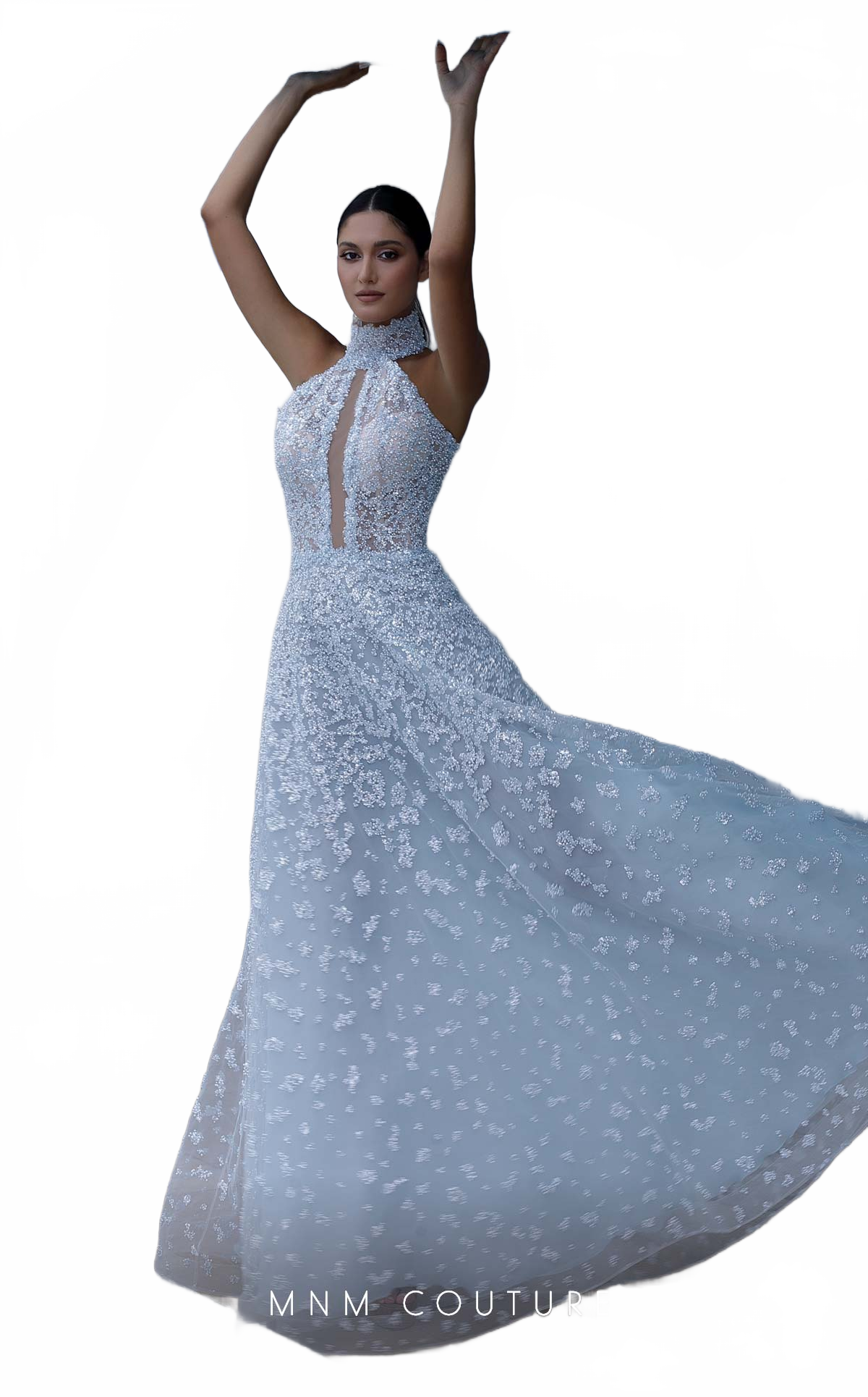 MNM Couture K3997 High Neck Light Blue Beaded A-Line Gown