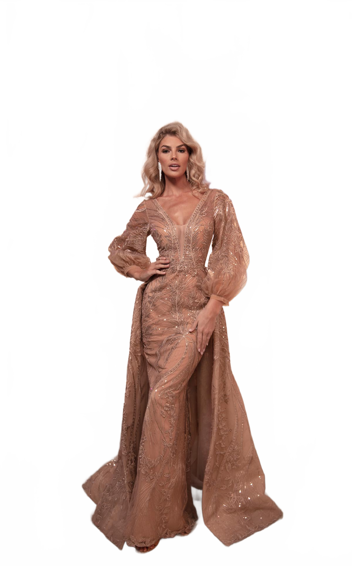 MNM Couture M0099 Beige Embroidered Long Sleeve Evening Gown