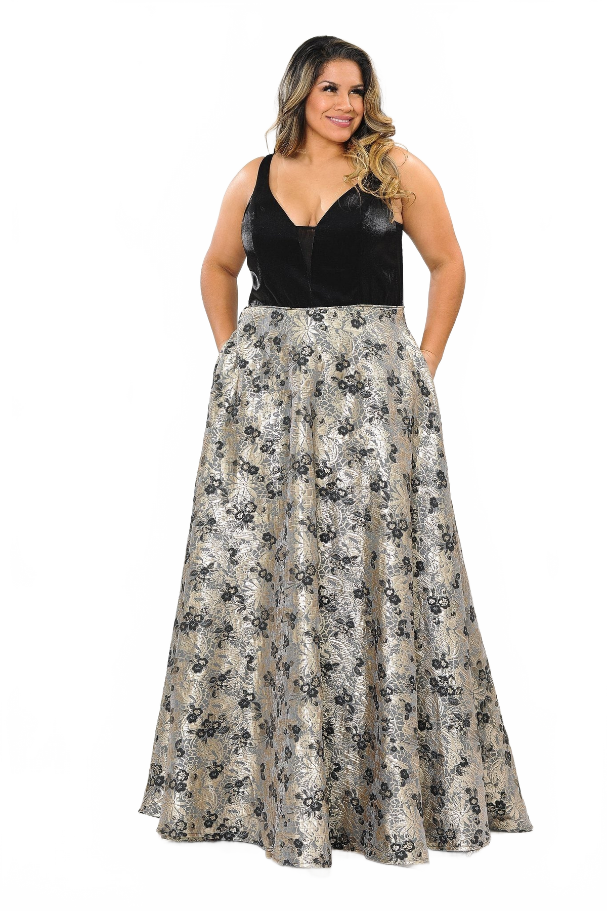 Poly USA W1012 Plus Size Long V-Neck Dress with Print Skirt