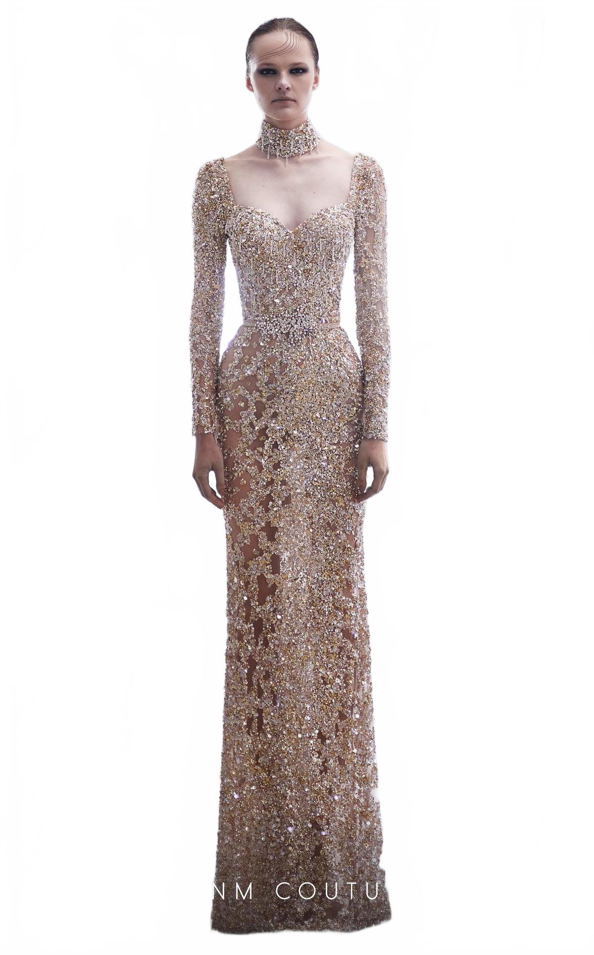 MNM Couture M1017 Embroidered Gold Tulle Evening Gown