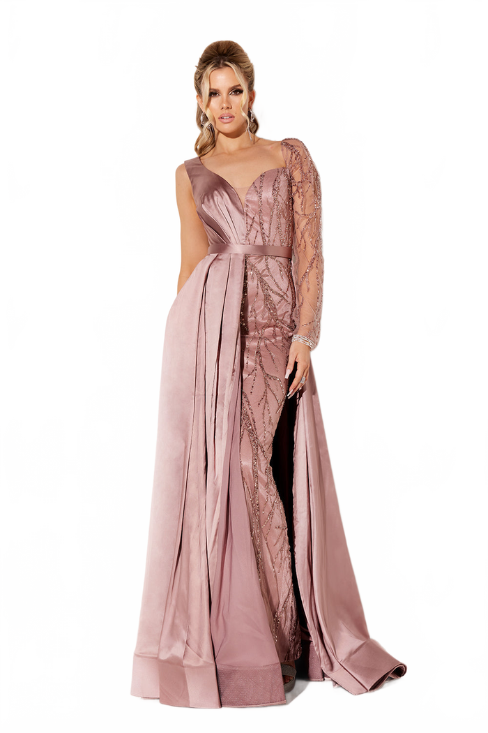 Satin Long Sleeve Overskirt Gown by Lucci Lu C8068