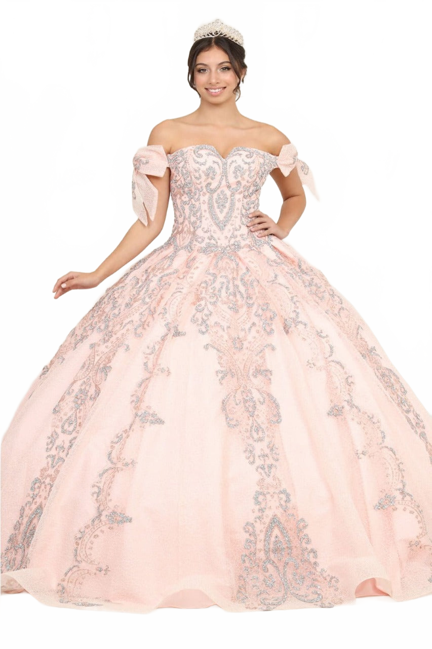 Layla K LK241 Off-Shoulder Glitter Bow Accent Quince Ball Gown