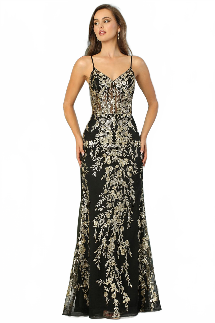Adora Design 3158 Fitted Glitter Applique Corset Long Prom Dress