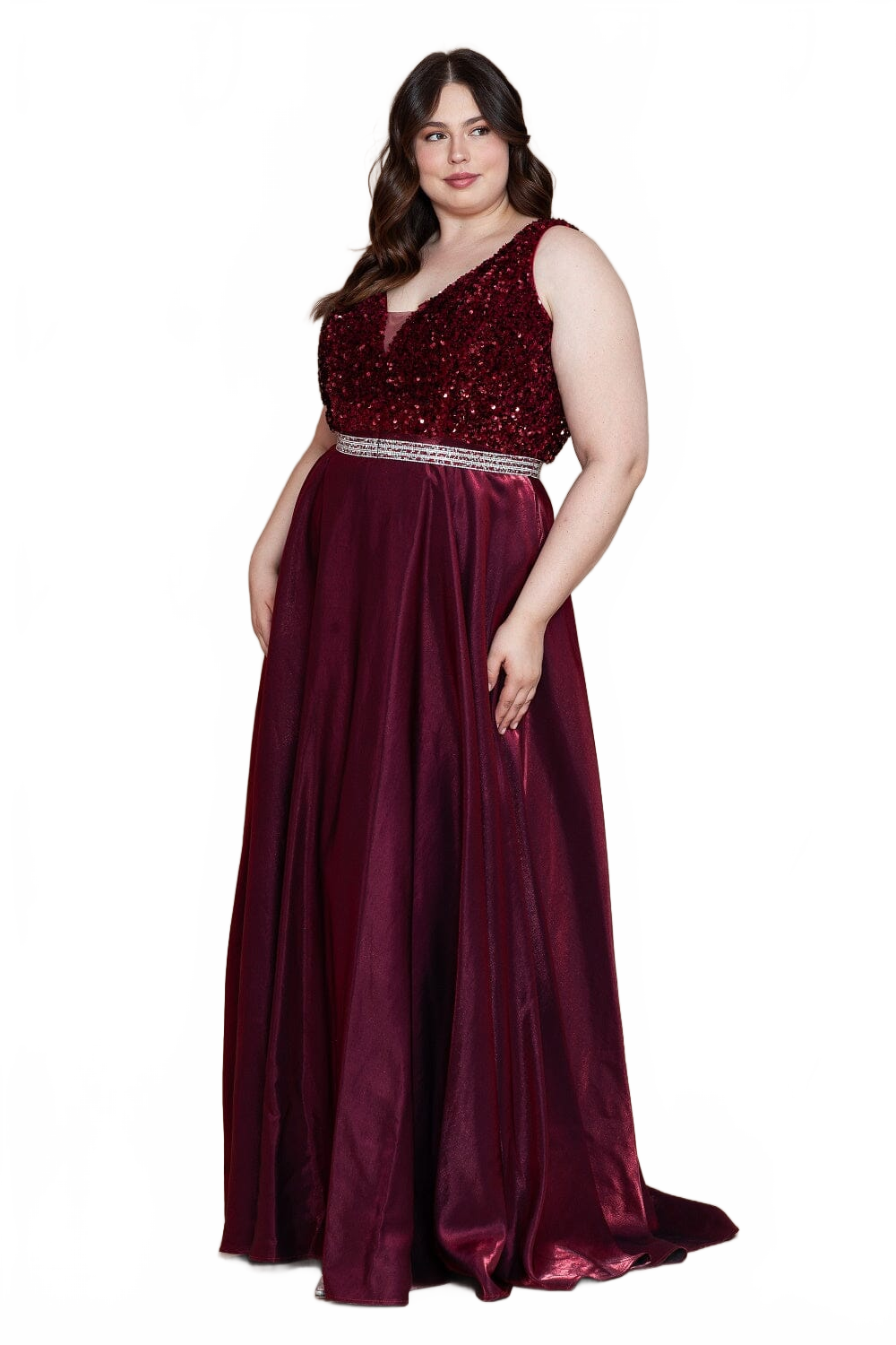 Poly USA W1006 Plus Size Long Sequin Bodice Satin Dress