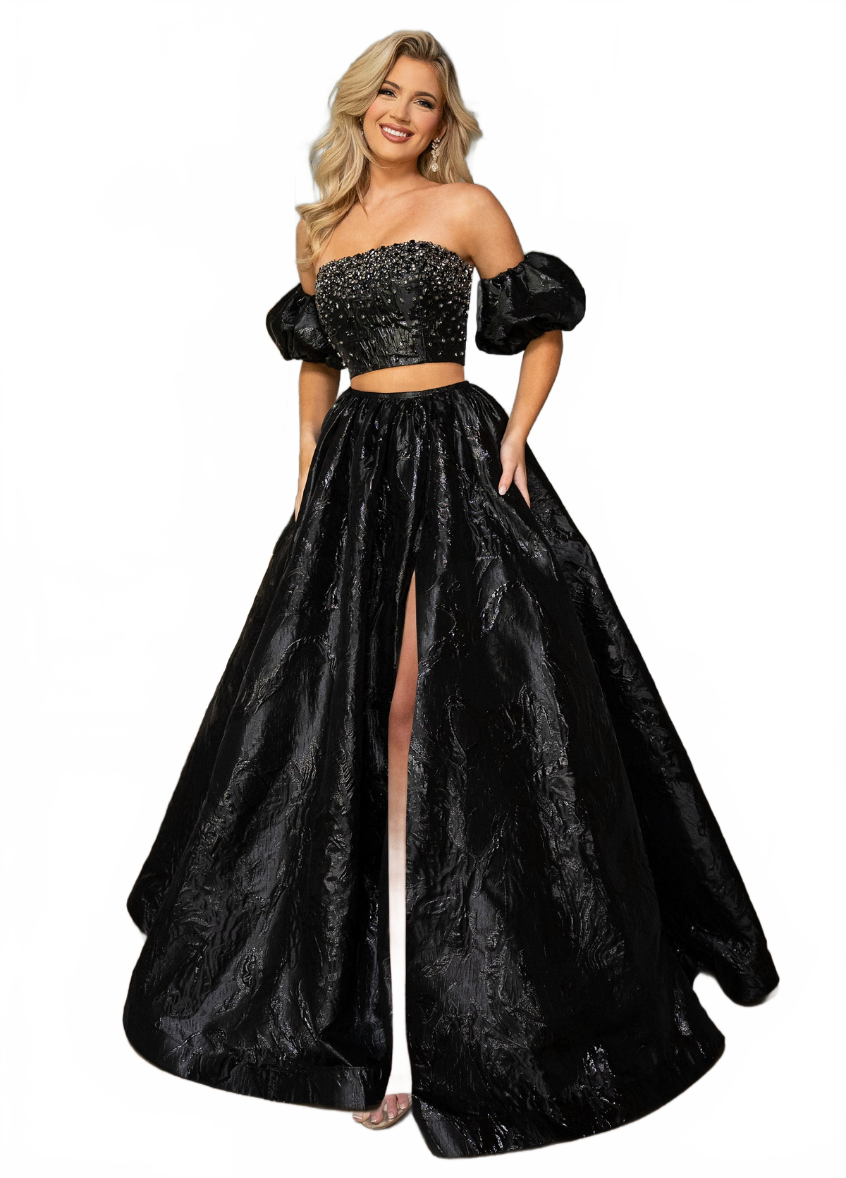 Rachel Allan 70707 Jacquard 2-Piece Puff Sleeve Ball Gown with Slit