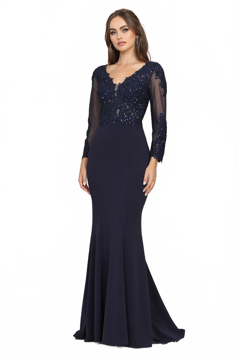 Adora Design 3233 Long Sleeve Lace Applique Fitted Formal Gown