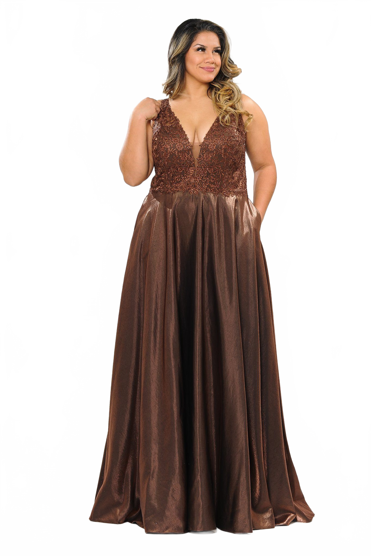 Poly USA W1032 Plus Size Long Embroidered Bodice Satin Dress