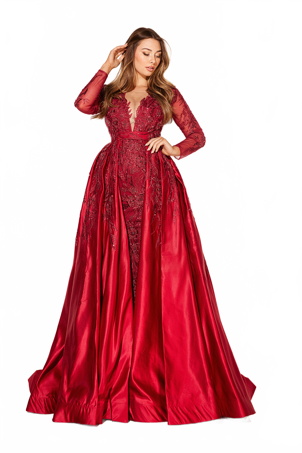 Applique Long Sleeve Overskirt Gown by Lucci Lu C8045