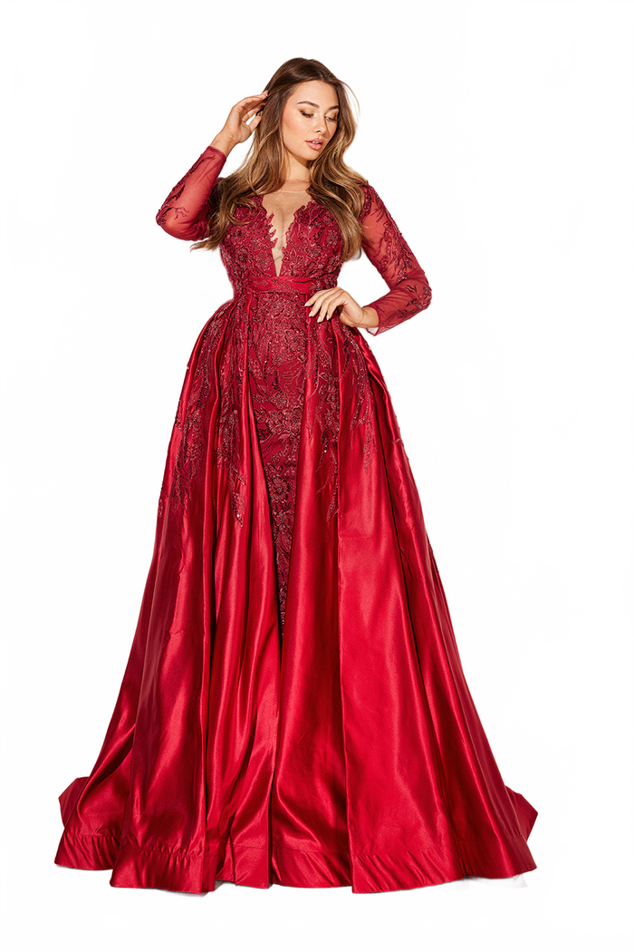 Applique Long Sleeve Overskirt Gown by Lucci Lu C8045
