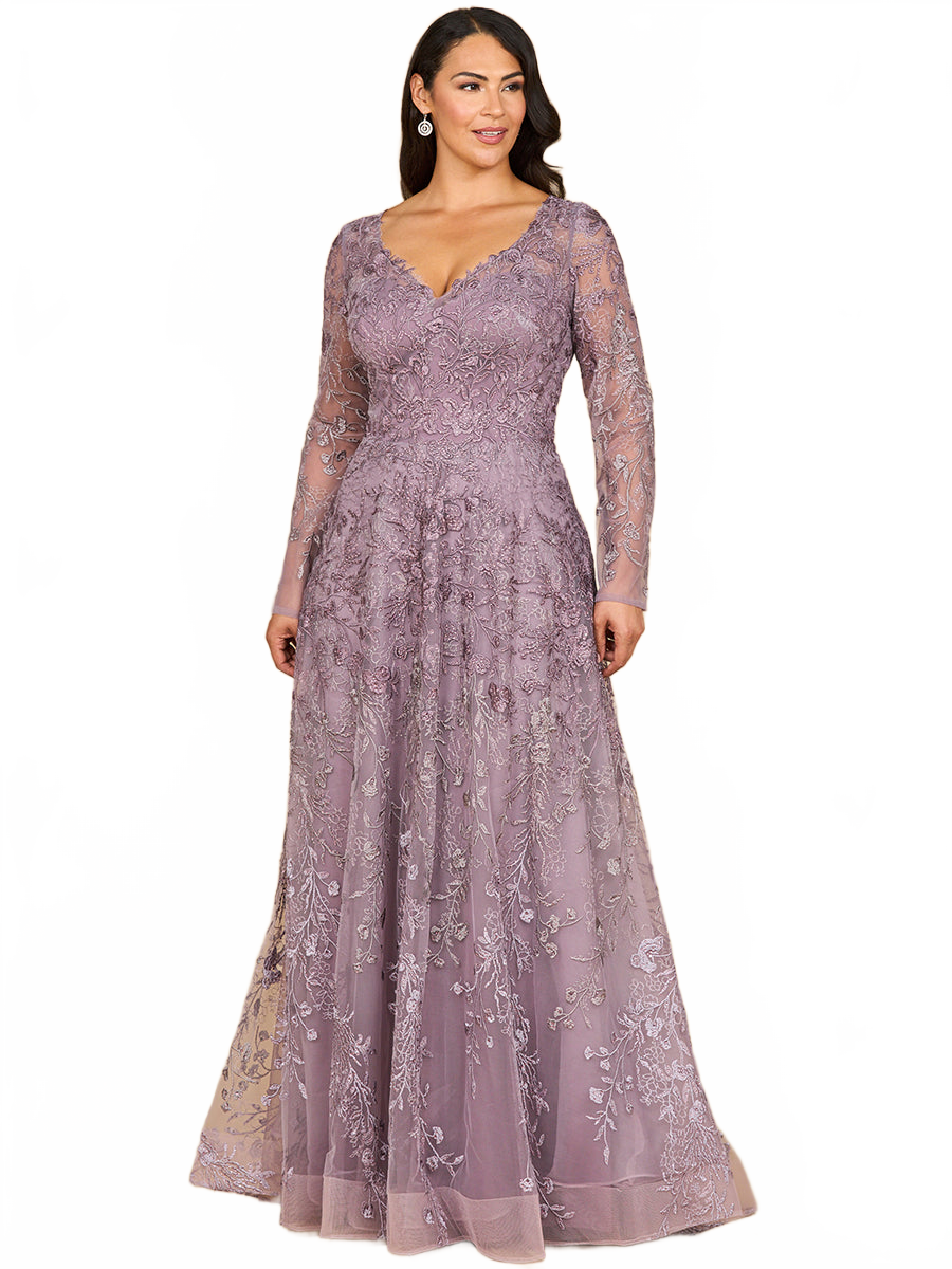 Lara 28878- Long Sleeve V-Neck Ombre Lace Gown
