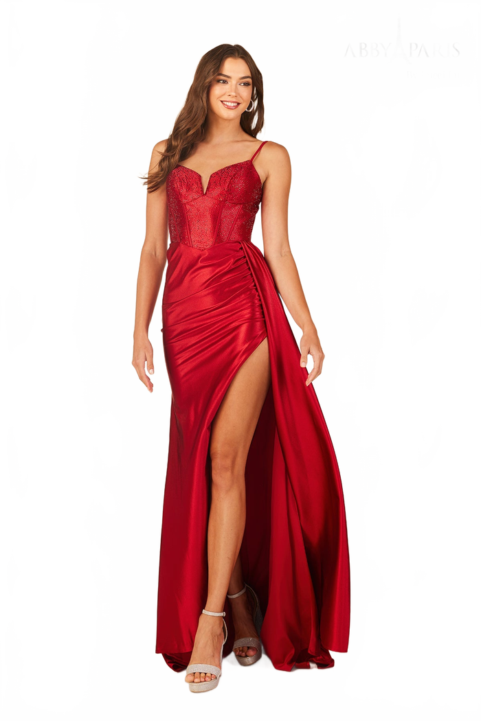 Abby Paris 90302 Heat Stone Corset Slit Evening Gown