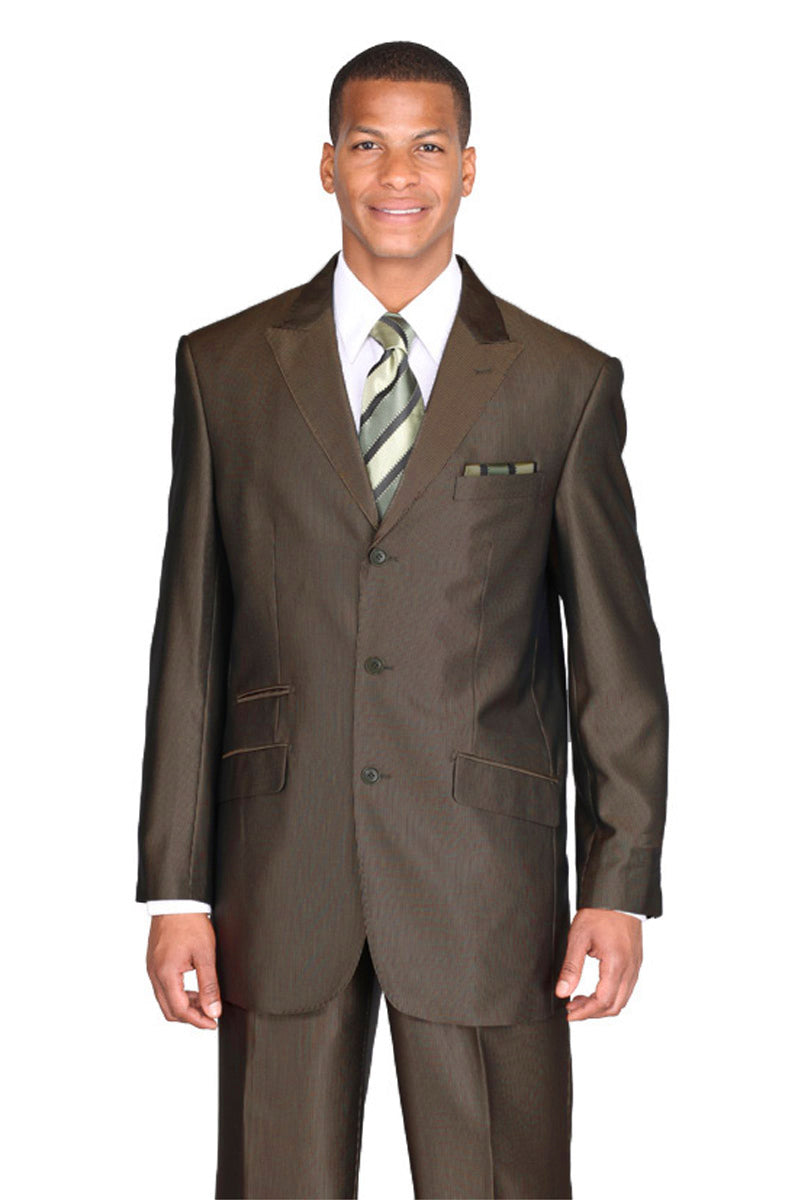 Men's Brown 3 Button Sharkskin Peak Lapel Suit