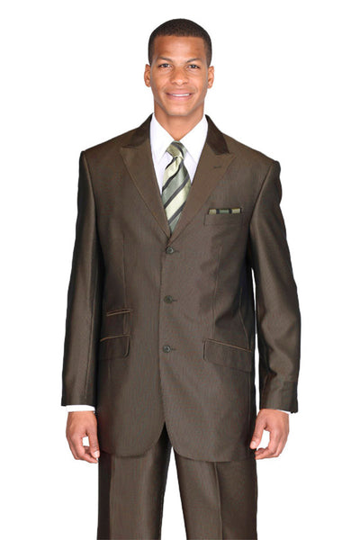 Men's Brown 3 Button Sharkskin Peak Lapel Suit