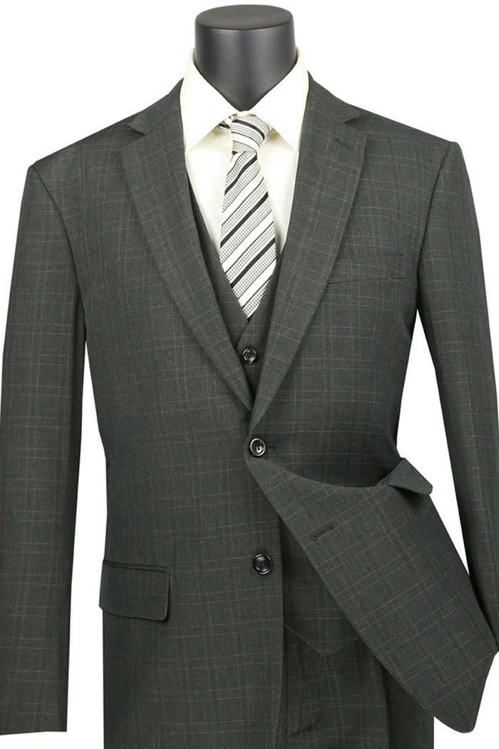 Classic Fit Banker Plaid Olive Vested Suit