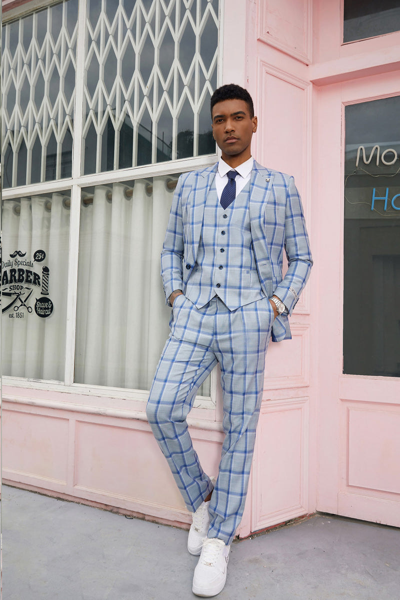 Stacy Adams Blue Windowpane Vested Peak Lapel Suit
