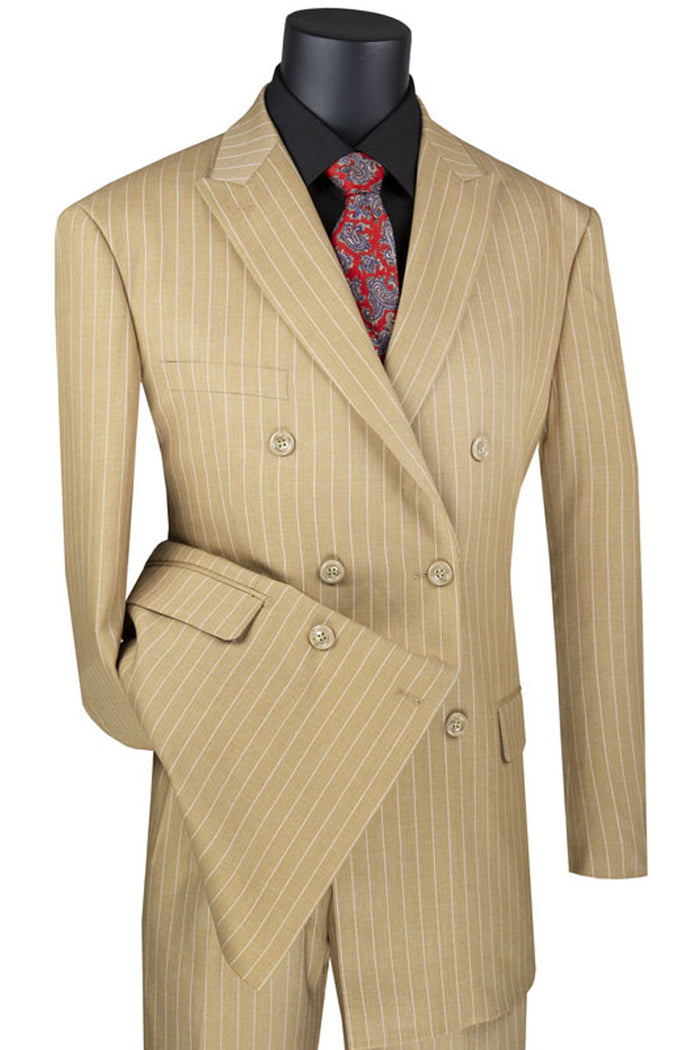 Camel Double Breasted Pinstripe Suit for Men
