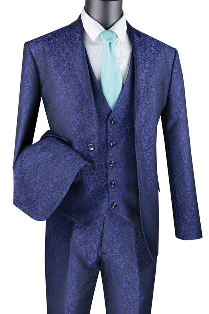 Navy Slim Fit Floral Vested Suit for Men