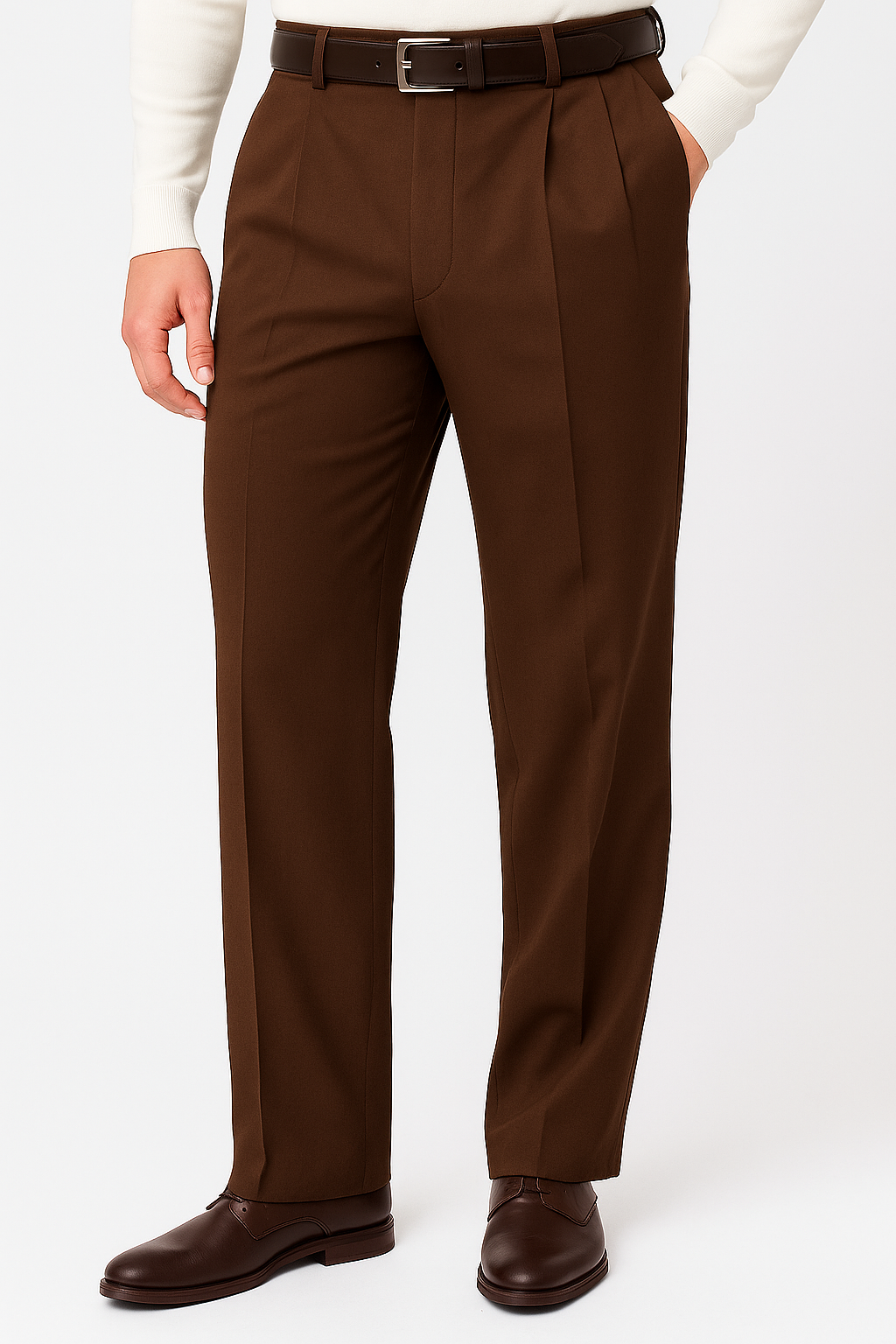 Pacelli Brown Pleated Baggy Fit Dress Pants unhemmed unfinished bottom Men's Wide Leg Trousers - Cheap Priced Dress Slacks For Men On Sale