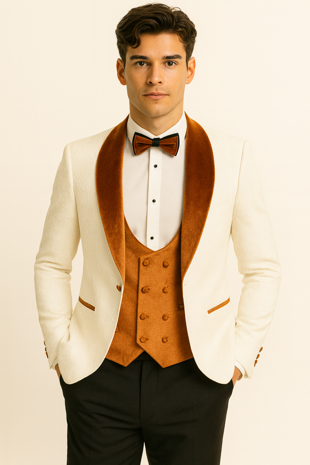 Burnt Orange Paisley Velvet 4pc Suit with Bowtie