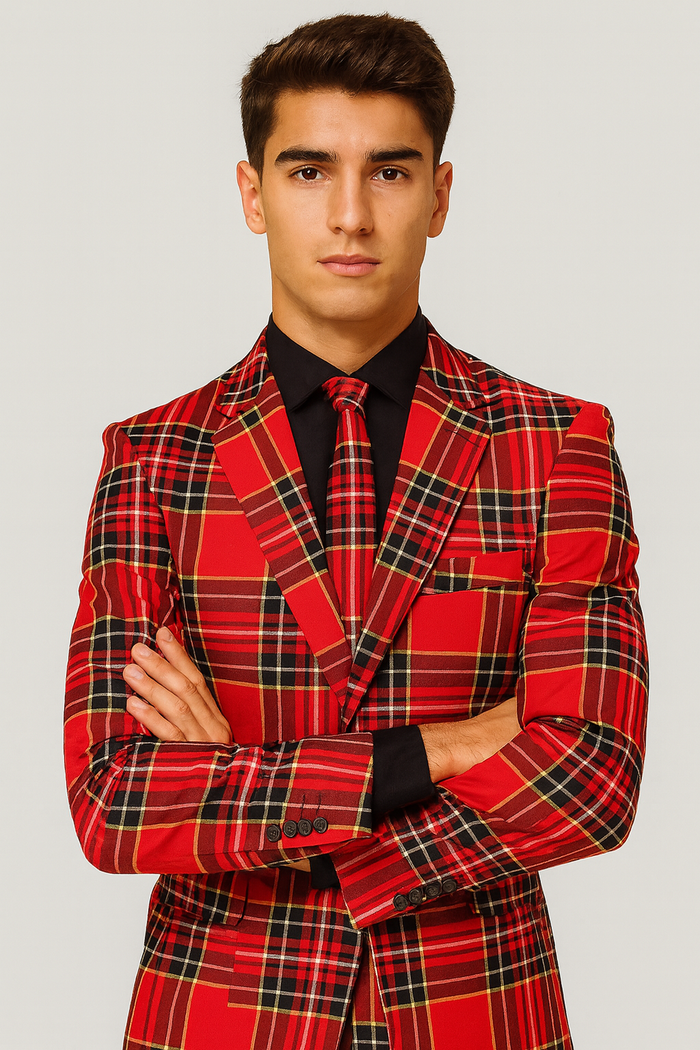 Plaid Christmas Suit - Holiday Red Tartan Style