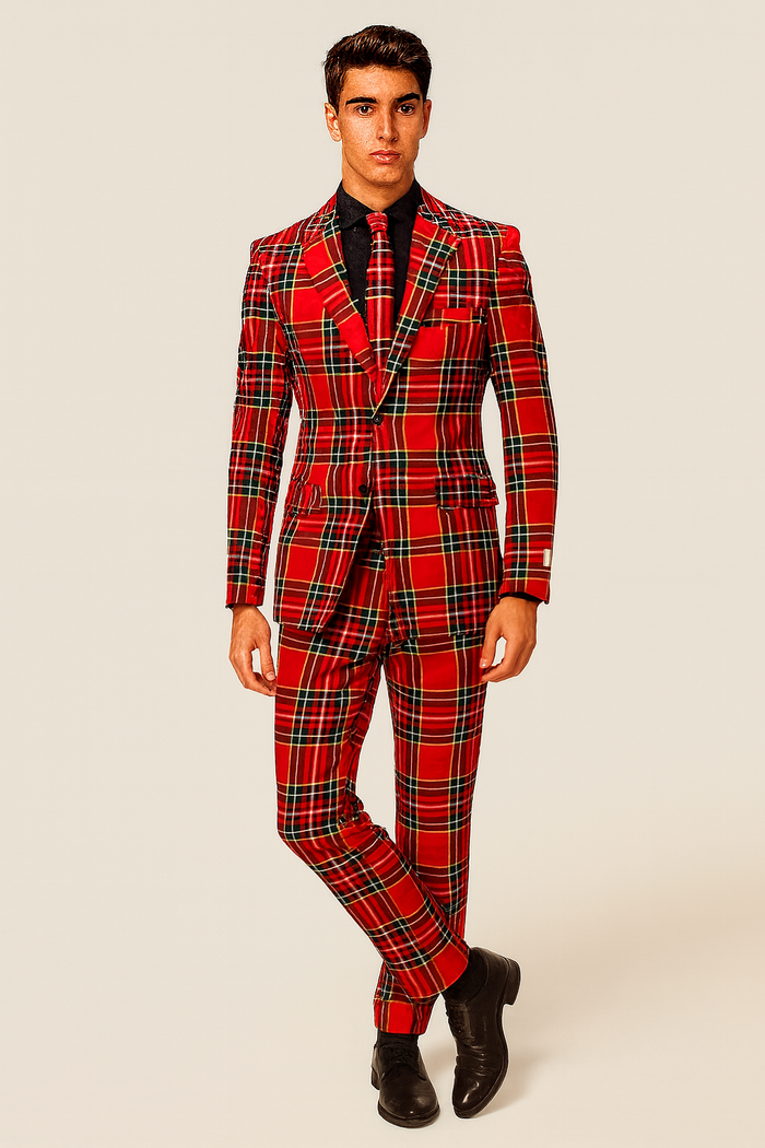 Plaid Christmas Suit - Holiday Red Tartan Style