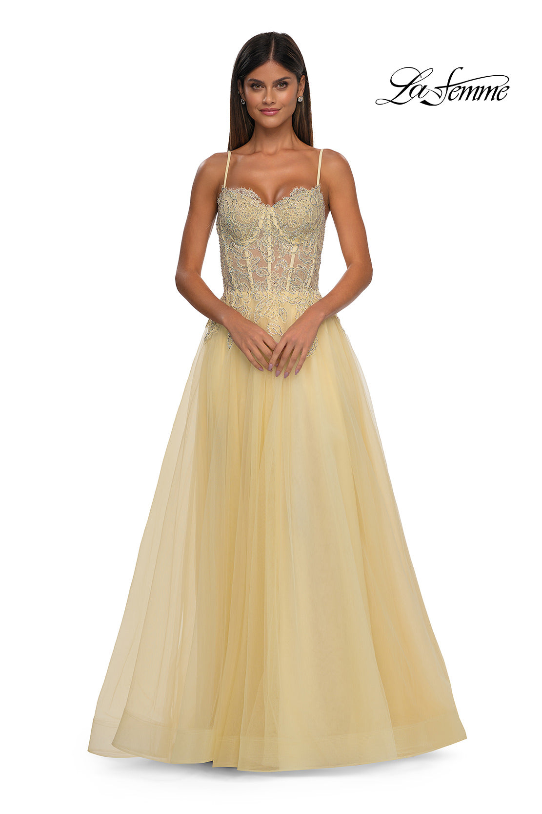 La Femme 32646 Lace Applique Sleeveless Prom Gown