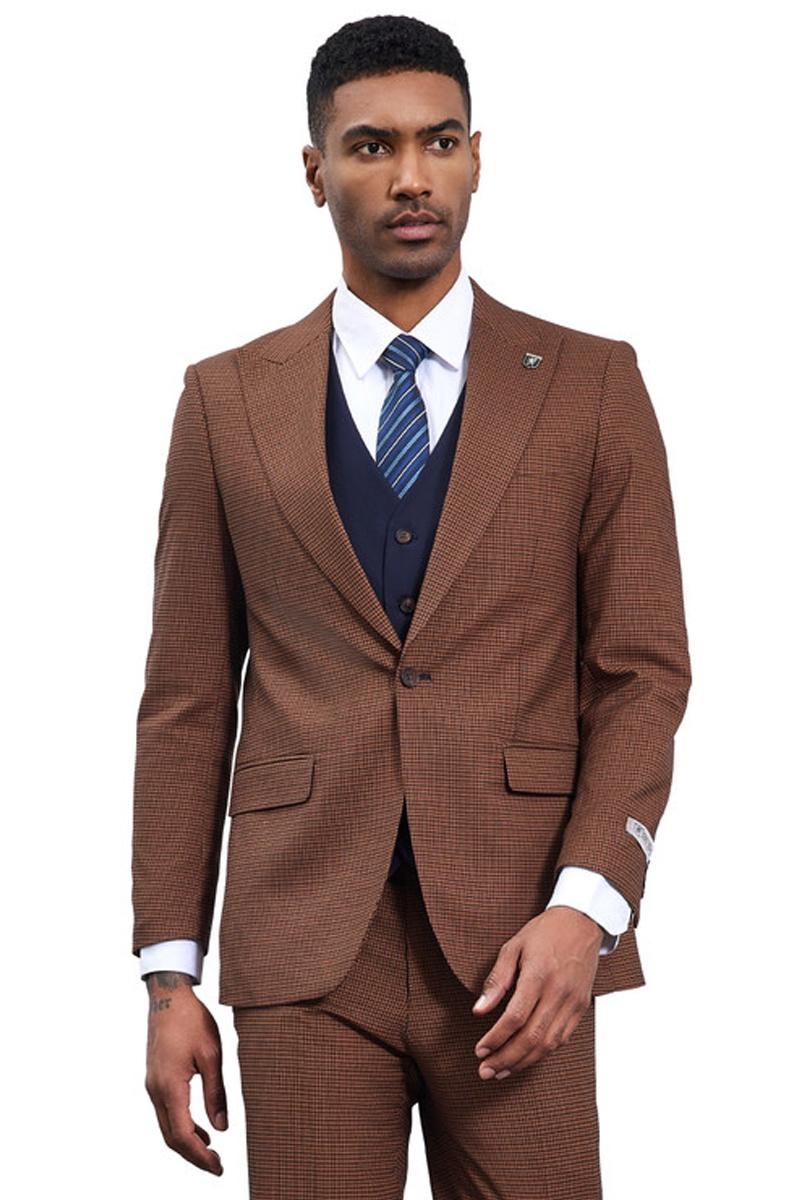 Stacy Adams Cognac/Navy Peak Lapel Vested Suit