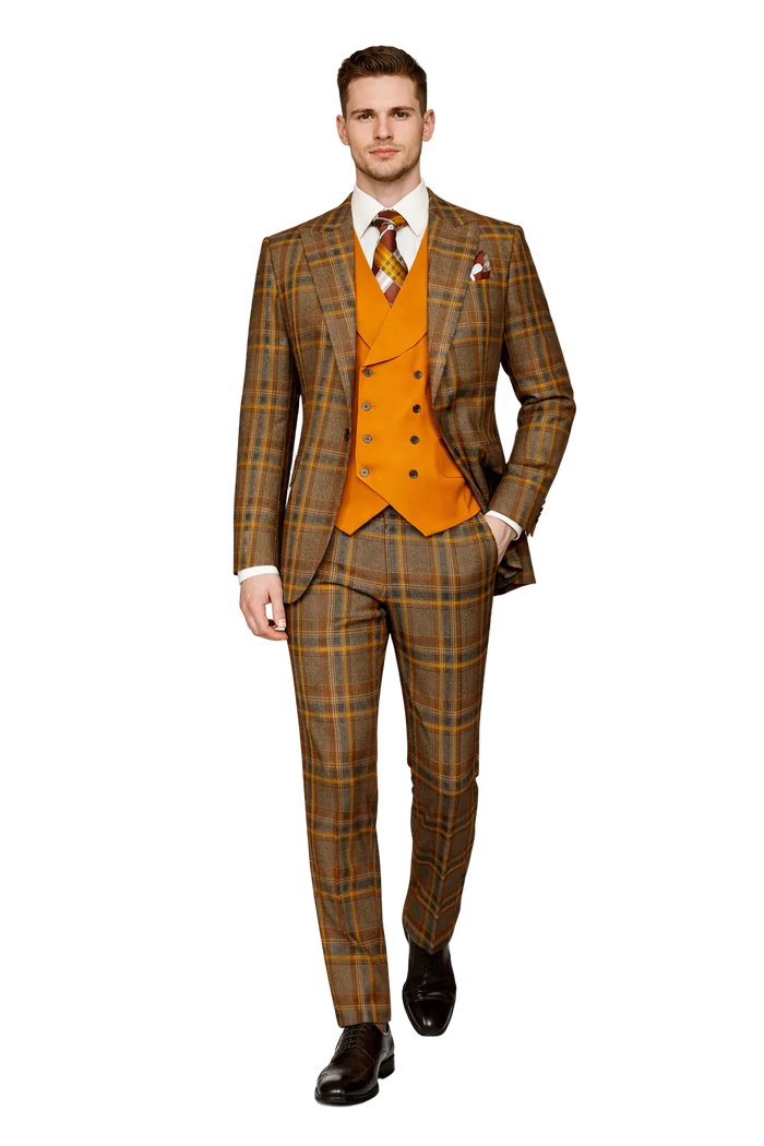 Mens Two Button Peak Lapel Suit Brown ~ Yellow