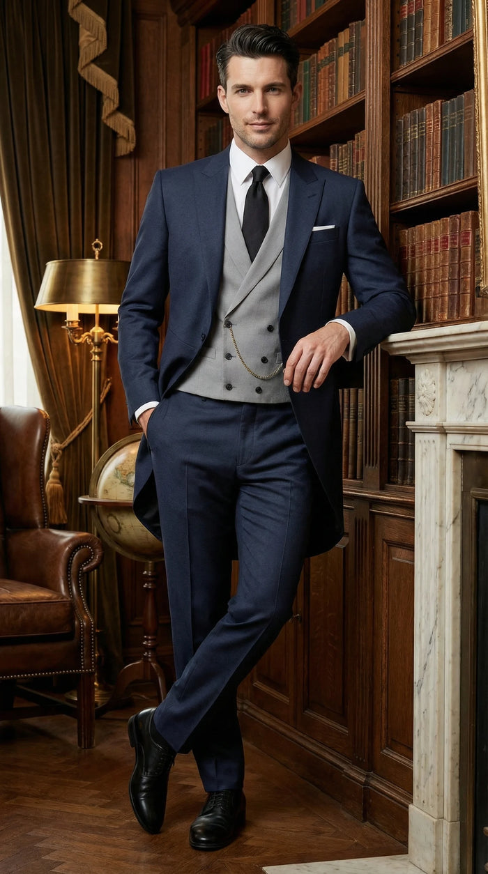 Men’s Navy Blue Three Piece Formal Suit – Cutaway Tuxedo Blazer Trousers for Wedding Tailcoat