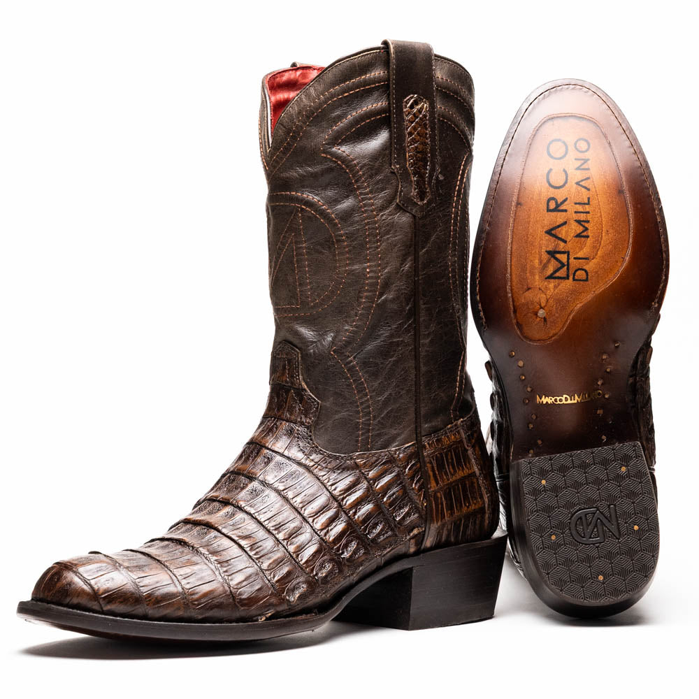 Marco Di Milano Phoenix Aged Brown Caiman Crocodile Round Toe Cowboy Boots