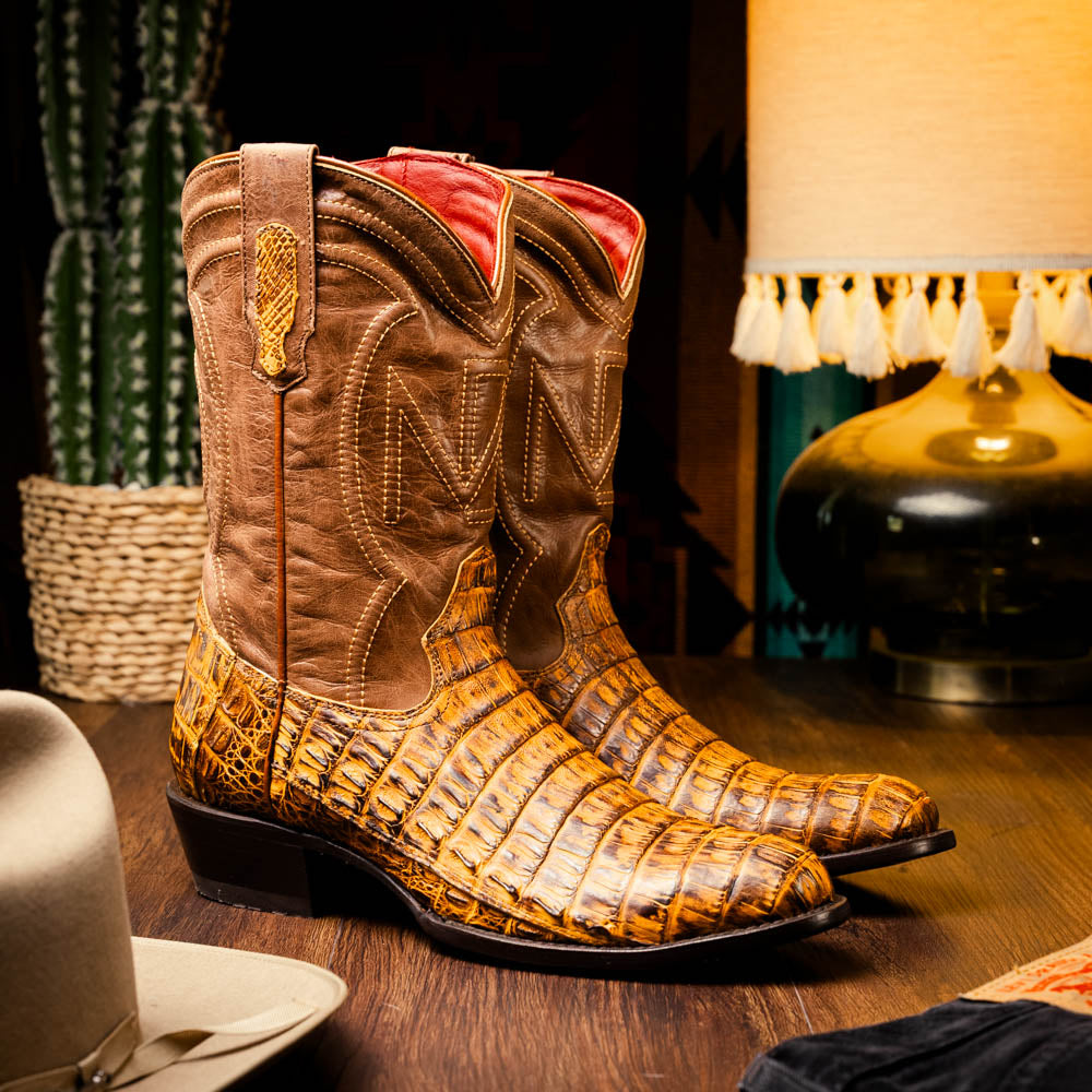 Marco Di Milano Phoenix Mustard Brown Caiman Crocodile Round Toe Cowboy Boots