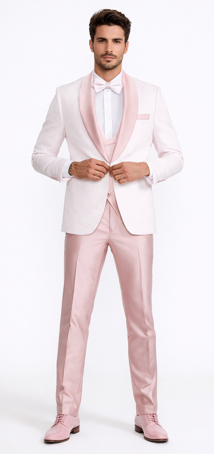 Pink Patterned Tuxedo Set with Shawl Lapel – Wedding & Prom