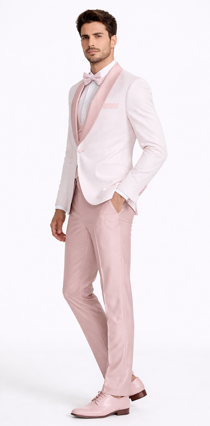 Pink Patterned Tuxedo Set with Shawl Lapel – Wedding & Prom