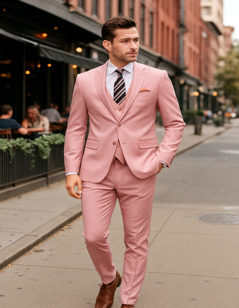 Pink 3-Piece Slim Fit Suit with Vest