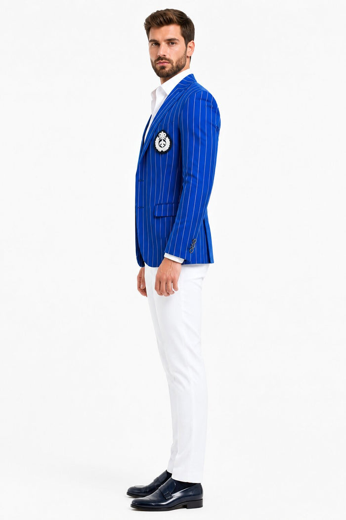 Royal Blue Pinstripe Blazer & White Pants Combo