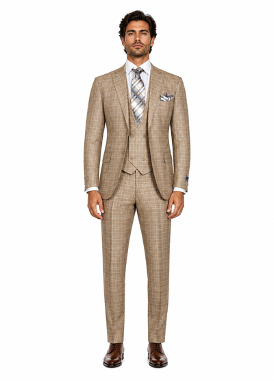 Plaid Khaki Suit with Double Breasted Vest