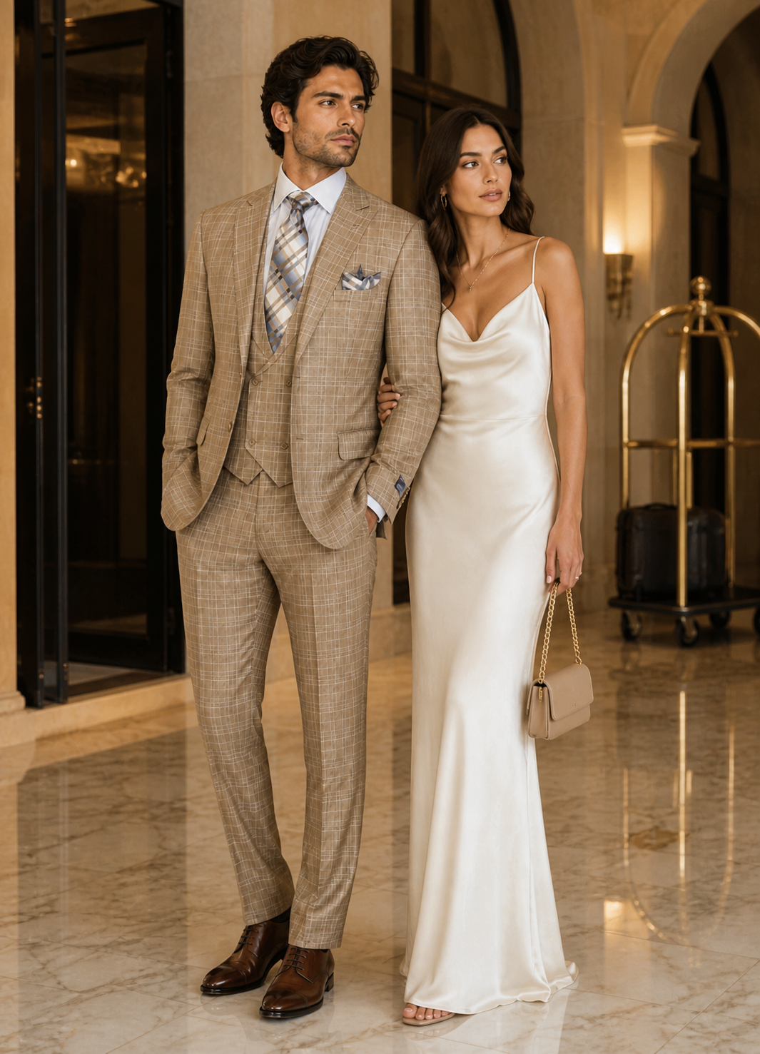 Plaid Khaki Suit with Double Breasted Vest
