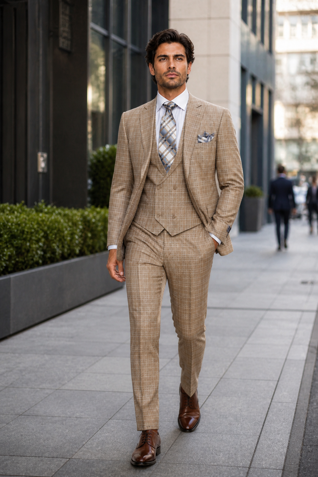 Plaid Khaki Suit with Double Breasted Vest